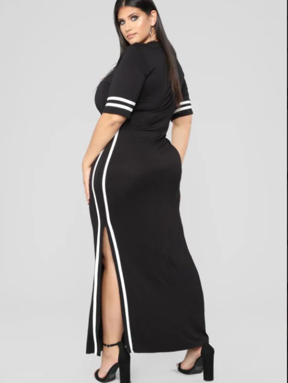 Fashion Nova Pretty F'N Fly Black Maxi White Stripes Short Sleeves Slit EUC 3X